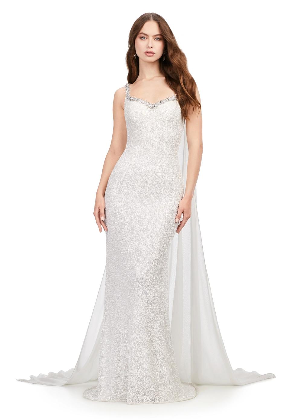 Ivory ASHLEYlauren 11398 fully vermicelli beaded gown featuring a sweetheart neckline, crystal-adorned straps and bustier trim, and an elegant chiffon cape.
