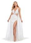 Ivory ASHLEYlauren 11399 stunning gown featuring a halter neckline, intricate liquid beading, crystal-accented illusion cut outs, and a dramatic chiffon cape for a glamorous and show-stopping look.