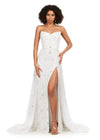 Ivory ASHLEYlauren 11405 strapless gown featuring a sweetheart neckline, fully sequined design, glimmering beadwork, full tulle overskirt, and left leg slit for added elegance.