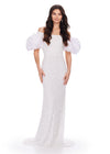 Ivory ASHLEYlauren 11432 fully beaded gown featuring an off-shoulder neckline and glamorous taffeta puff sleeves for an elegant and statement-making look.