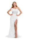 Ivory ASHLEYlauren 11457 strapless gown featuring full beading, feather details throughout, an encrusted beaded belt, and a left leg slit for a glamorous Hollywood-inspired look.