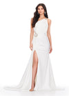 Ivory ASHLEYlauren 11537 one shoulder satin gown featuring a ruched bustier, beaded crystal straps and waist accents, and a draped side skirt for an elegant, glamorous finish.