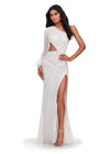 Ivory ASHLEYlauren 11649 One Shoulder Fully Beaded Gown with Intricate Beading, Side Cut Out, Feather Cuff Detail, Left Leg Slit, and Sweep Train
