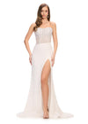 Ivory ASHLEYlauren 11659 fully beaded gown featuring a strapless corset bustier, asymmetrical waistline to accentuate curves, fitted silhouette, left leg slit, and horsehair trim for an elegant and glamorous look.