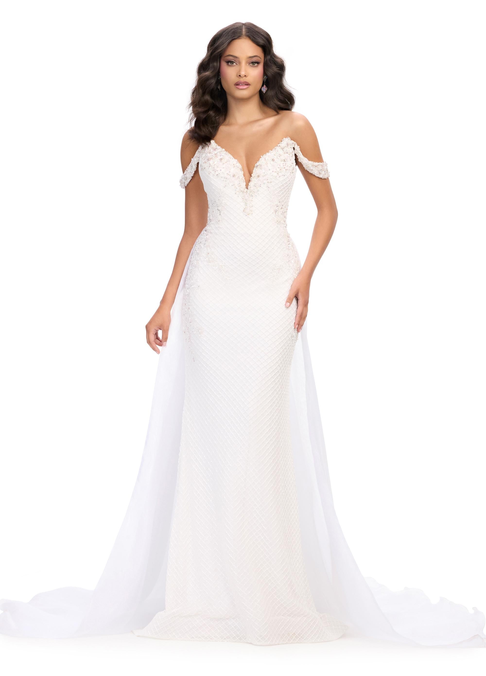 Ivory ASHLEYlauren 11767 Fully Beaded Gown with Sweetheart Neckline, Beaded Off Shoulder Bow Straps, and Flowing Organza Overskirt for a Regal Look