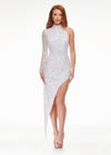 Ivory ASHLEYlauren 1975 stylish beaded dress featuring a high neckline, one sleeve, and an asymmetrical hemline for a bold and head-turning look.