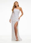 Ivory ASHLEYlauren 1977 fitted hand-beaded dress featuring a one shoulder long sleeve, left leg slit, and a horsehair hem for an elegant and sophisticated look.