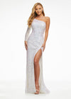 Ivory ASHLEYlauren 1977 fitted hand-beaded dress featuring a one shoulder long sleeve, left leg slit, and a horsehair hem for an elegant and sophisticated look.