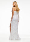 Ivory ASHLEYlauren 1977 fitted hand-beaded dress featuring a one shoulder long sleeve, left leg slit, and a horsehair hem for an elegant and sophisticated look. Back