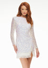 ASHLEYlauren 4438 – A sassy and classy fully hand-beaded long sleeve cocktail dress featuring a fitted skirt with fringe detail along the left leg slit and hemline. Perfect for making a bold, elegant statement at any event.