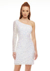 Ivory ASHLEYlauren 4457 fully hand-beaded cocktail dress featuring a one shoulder sleeve and a fitted skirt for a sleek and glamorous silhouette.