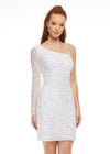 Ivory ASHLEYlauren 4457 fully hand-beaded cocktail dress featuring a one shoulder sleeve and a fitted skirt for a sleek and glamorous silhouette.