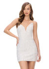 Ivory ASHLEYlauren 4500 strapless gown featuring a plunging V-neckline, ornate sequin bead pattern, and striking V-back for a bold and glamorous look.