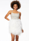 Ivory ASHLEYlauren 4537 cocktail dress featuring a fully encrusted crystal square neckline, spaghetti straps, lace-up back, fully beaded bustier, and a full feather skirt for a bold and glamorous look.