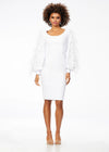 Ivory ASHLEYlauren 4545 elegant scuba cocktail dress featuring a scoop neckline, bishop sleeves embellished with scattered crystals and feathers, a fitted tea-length skirt, and a full zipper back for a sophisticated finish.