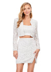 Ivory ASHLEYlauren 4618 three piece set featuring a fully liquid beaded crop top, intricately beaded jacket, and a fitted skirt with a slit for a bold and fashionable statement look.