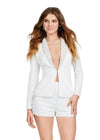 Ivory ASHLEYlauren 4632 fully liquid beaded two-piece romper featuring a V-neckline, crystal and chunky stone-embellished lapel, and a bold, statement-making design perfect for any glamorous event.