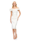 Ivory ASHLEYlauren 4735 Mid-Length Off Shoulder Satin Dress with Ruffled Neckline, Elegant Beaded Accents at the Waist, and Fitted Skirt Silhouette