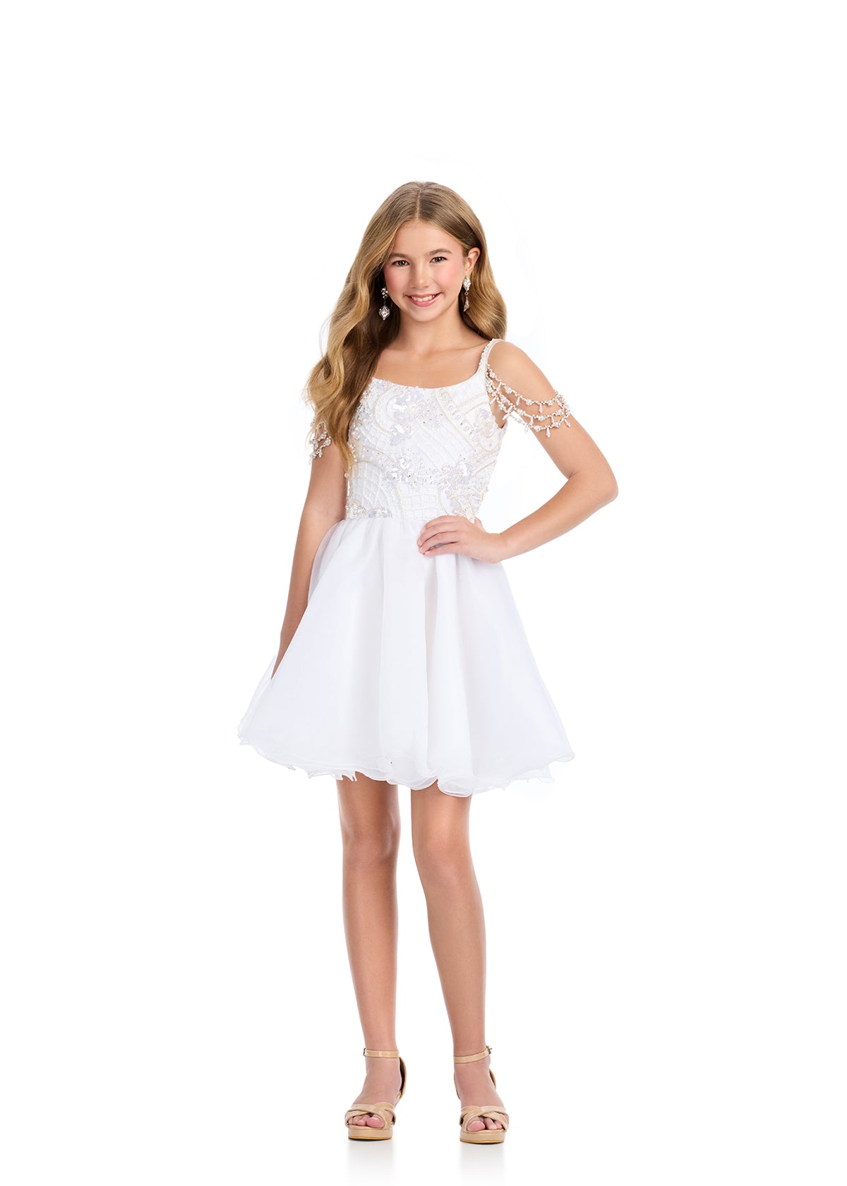 Ivory ASHLEYlauren 8291 Off-Shoulder Organza Cocktail Dress with Beaded Straps, Beaded Belt, and Ball Gown Skirt