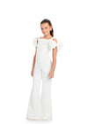 Ivory ASHLEYlauren 8307 Jersey Jumpsuit with Off-Shoulder Bow Accents, Scoop Neckline, and V-Back