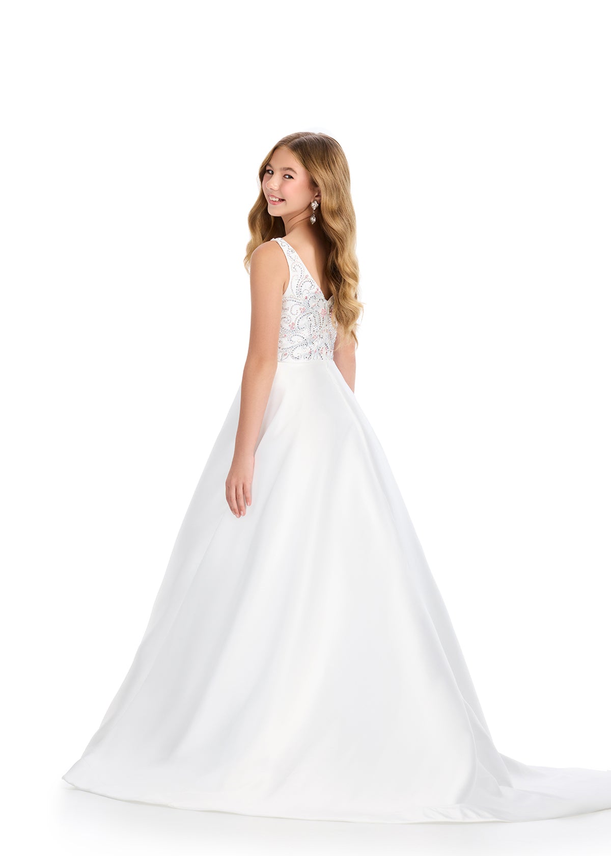 Back View - Ivory  ASHLEYlauren 8314 Mikado Ball Gown with Crew Neckline, Press-On Beaded Bustier, A-Line Skirt, and V-Back