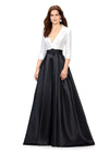 Ivory/Black ASHLEYlauren 11326 Elegant Phantom Satin Ball Gown with V-Neckline, Wrap Lapel Detail, Buckled Waist Belt, Full Skirt, and Hidden Pockets