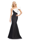 Ivory/Black ASHLEYlauren 11696 Glamorous One Shoulder Satin Gown with Statement Oversized Bow, Asymmetrical Fit and Flare Silhouette, and Mermaid Skirt