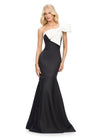 Ivory/Black ASHLEYlauren 11696 Glamorous One Shoulder Satin Gown with Statement Oversized Bow, Asymmetrical Fit and Flare Silhouette, and Mermaid Skirt