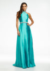 Jade ASHLEYlauren 11148 High Neck Mikado Column Gown with Open Back, Beaded Neckline and Belt, and Attached Overskirt
