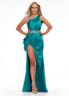 Jade ASHLEYlauren 11164 One-Shoulder Satin Gown with Ruched Bustier, Crystal Belt Waistline, Draped Side Detail, Wrap Skirt, and Open Back