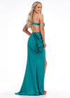 Back. Jade ASHLEYlauren 11164 One-Shoulder Satin Gown with Ruched Bustier, Crystal Belt Waistline, Draped Side Detail, Wrap Skirt, and Open Back