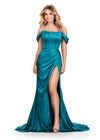 Jade ASHLEYlauren 11575 Strapless Satin Gown with Corset Bustier, Ruched Hip Detail, Draped Skirt, Slit, and Sweep Train