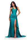 Jade ASHLEYlauren 11576 ruched satin gown featuring a Grecian-inspired one shoulder neckline, sweetheart bustier, left leg slit, and a side train for an elegant, flowing finish.