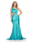 Jade ASHLEYlauren 11577 Elegant One Shoulder Fitted Satin Gown with Draped Bodice, Side Cut Out, and Sparkling Crystal Brooch Accent