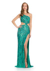 Jade ASHLEYlauren 11789 Fully Beaded One-Shoulder Gown with Cut-Out Sides, Open Back, and Left Leg Slit