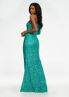 Jade ASHLEYlauren 1977 fitted hand-beaded dress featuring a one shoulder long sleeve, left leg slit, and a horsehair hem for an elegant and sophisticated look. Back