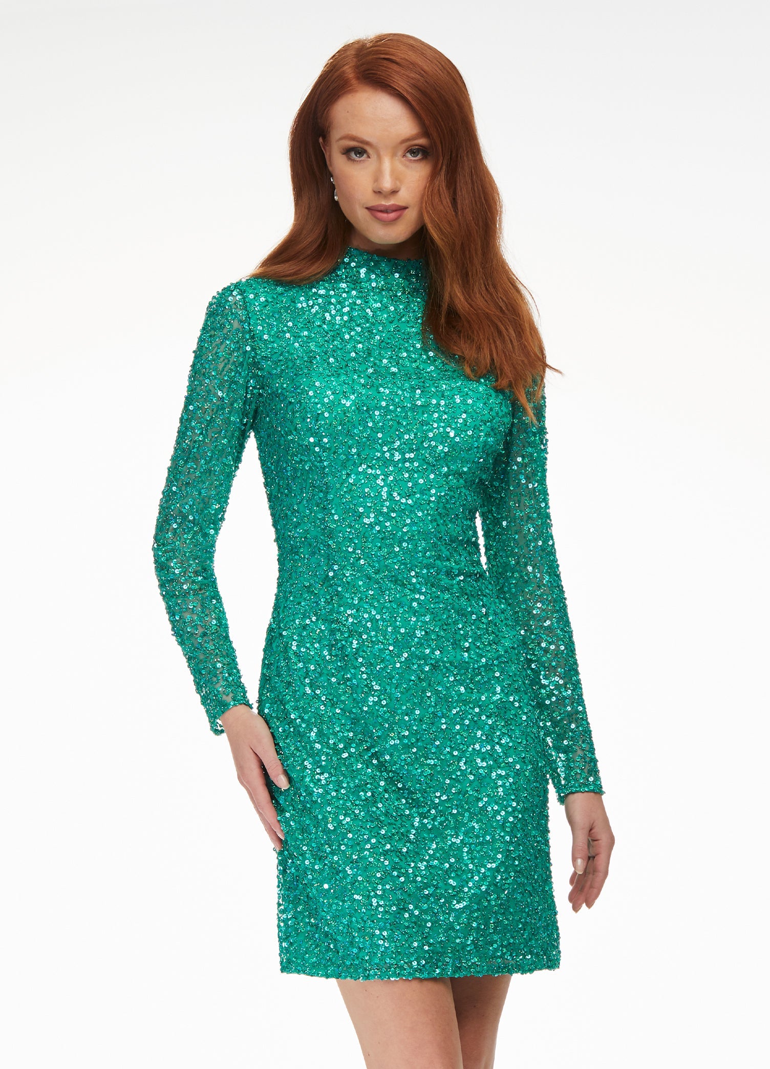 Jade ASHLEYlauren 4252 fully beaded cocktail dress featuring long sleeves, a modern high neckline, fitted silhouette, and a sexy open back for a striking evening look.