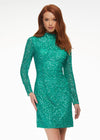 Jade ASHLEYlauren 4252 fully beaded cocktail dress featuring long sleeves, a modern high neckline, fitted silhouette, and a sexy open back for a striking evening look.