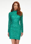 Jade ASHLEYlauren 4252 fully beaded cocktail dress featuring long sleeves, a modern high neckline, fitted silhouette, and a sexy open back for a striking evening look.