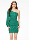 Jade ASHLEYlauren 4497 fully hand-beaded cocktail dress featuring a one shoulder neckline, dramatic bishop sleeve, and fitted skirt for a glamorous and sophisticated look.