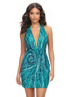 Jade ASHLEYlauren 4791 fully hand-beaded cocktail dress featuring a halter neckline, illusion deep V-neckline, and open back for a bold and show-stopping look.