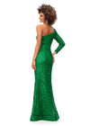 Kelly Green ASHLEYlauren 1977 fitted hand-beaded dress featuring a one shoulder long sleeve, left leg slit, and a horsehair hem for an elegant and sophisticated look. Back back Back back