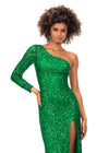 Kelly Green ASHLEYlauren 1977 fitted hand-beaded dress featuring a one shoulder long sleeve, left leg slit, and a horsehair hem for an elegant and sophisticated look. Back back Back back