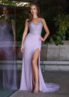 Lilac ASHLEYlauren 11691 Spaghetti Strap Gown with Beaded Corset Bustier, Press-On Stone Accents, and Left Leg Slit