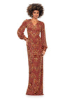 Light Amber ASHLEYlauren 11193 Ultra Chic Fully Sequin Gown with Ornate Beading, V-Neckline, Bishop Sleeves, High Zip Back, and Center Back Vent Slit