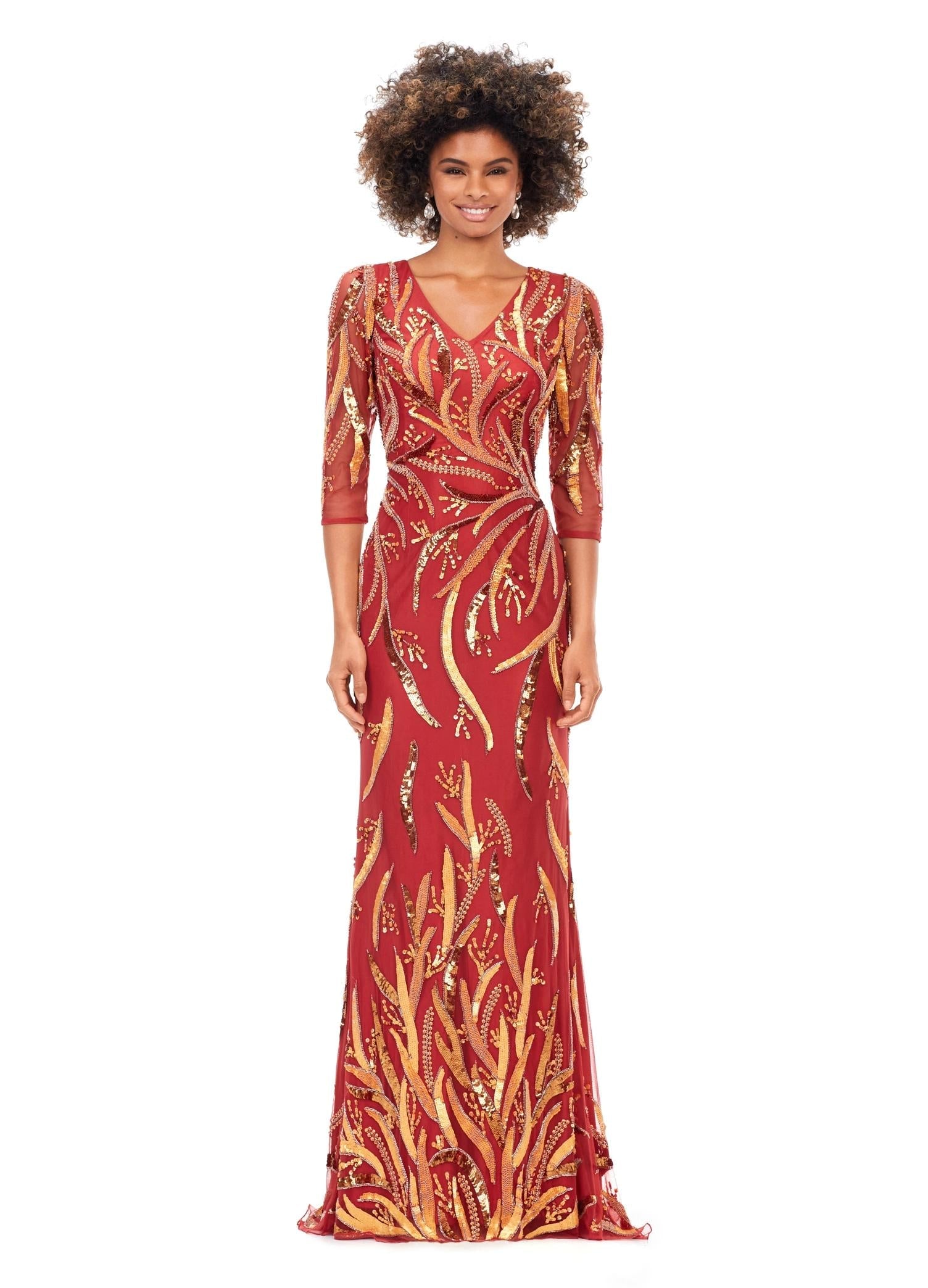 Light Amber ASHLEYlauren 11205 Sophisticated Fitted Gown with V-Neckline, Fully Sequin Beaded Design, Three Quarter Sleeves, High Back, and Sweep Train