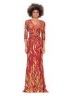 Light Amber ASHLEYlauren 11205 Sophisticated Fitted Gown with V-Neckline, Fully Sequin Beaded Design, Three Quarter Sleeves, High Back, and Sweep Train