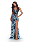 Light Blue ASHLEYlauren 11674 Spaghetti Strap Gown with Ornate Cheetah Print Beading, Structured Corset Bustier, and Left Leg Slit