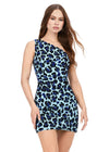 Front - Light Blue ASHLEYlauren 4630 fully beaded cocktail dress featuring a one shoulder neckline, hand-beaded cheetah design, fitted skirt, and lace-up back for a bold and standout look.