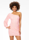 Light Pink ASHLEYlauren 4497 fully hand-beaded cocktail dress featuring a one shoulder neckline, dramatic bishop sleeve, and fitted skirt for a glamorous and sophisticated look.